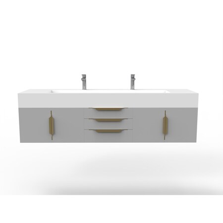 Castello Usa Nile 72" Wall Mounted Gray Vanity With White Top And Gold Handles CB-MC-72G-GLD-2053-WH